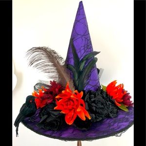 Victorian Witch hat Feathered bird flowers tulle